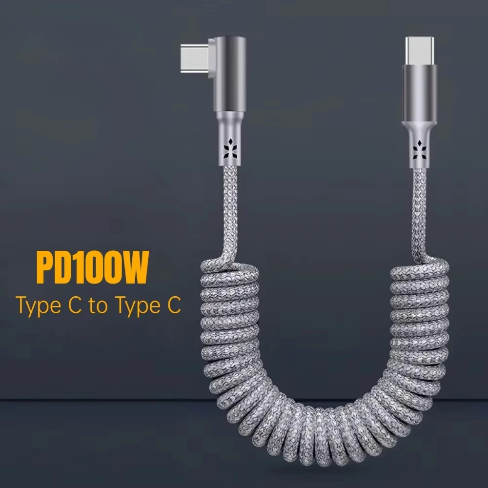 100W Car Spring Cable Short Type C To USB C Cable Fast Charging Phone Data Cable For iPhone 15 for Samsung S25 S23 USB C Cable