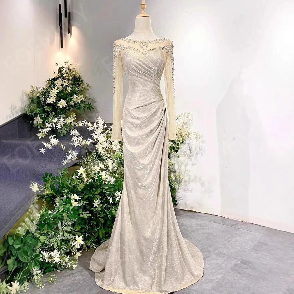 

EOENKKY Luxury Long Sleeves Mermaid Evening Dress Fashion Sparkly Crystal Woman Bespoke Occasion Dresses Customized فساتين سهرات