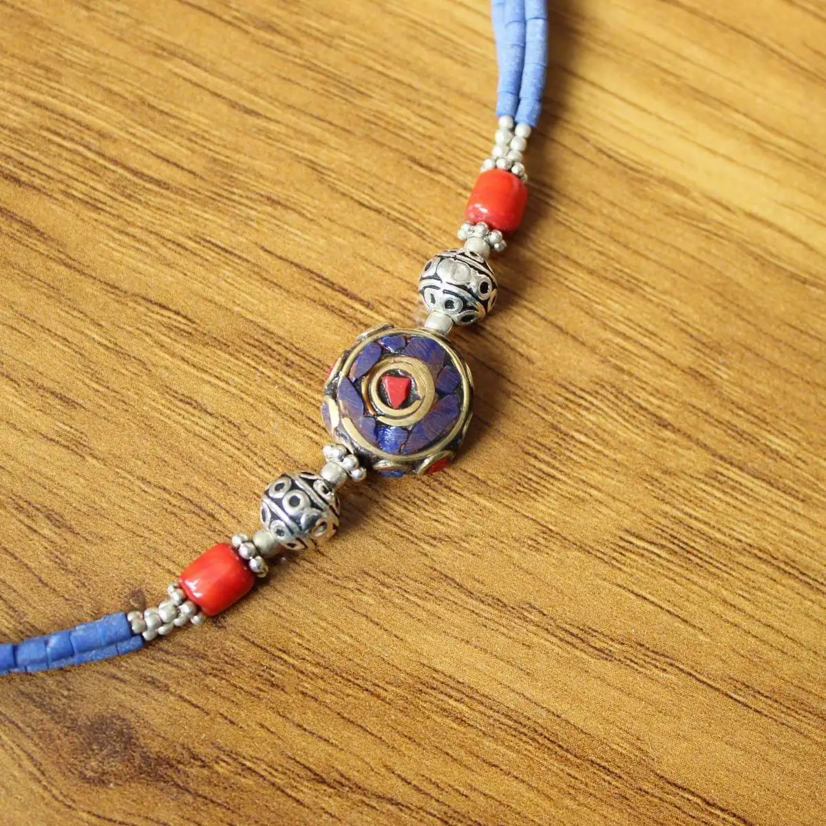 NK252  Ethnic Tibetan 3 Big Round Beads Mini Natural Lapis Stone Lady Necklace Handmade Nepal Jewelry