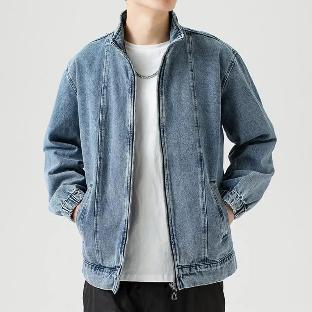 Men Loose Fit Jacket Versatile Men's Denim Jacket Lapel Long Sleeve Coat with Pockets Zipper Placket Loose Fit Solid Color