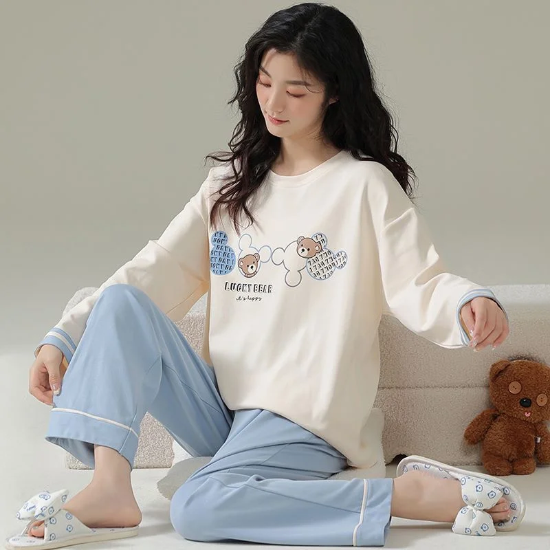 Lovely Print Autumn Winter New Faux Cotton Women Pajamas Set Long Sleeves Simple Sweet Printing Casual Loose Home Wear