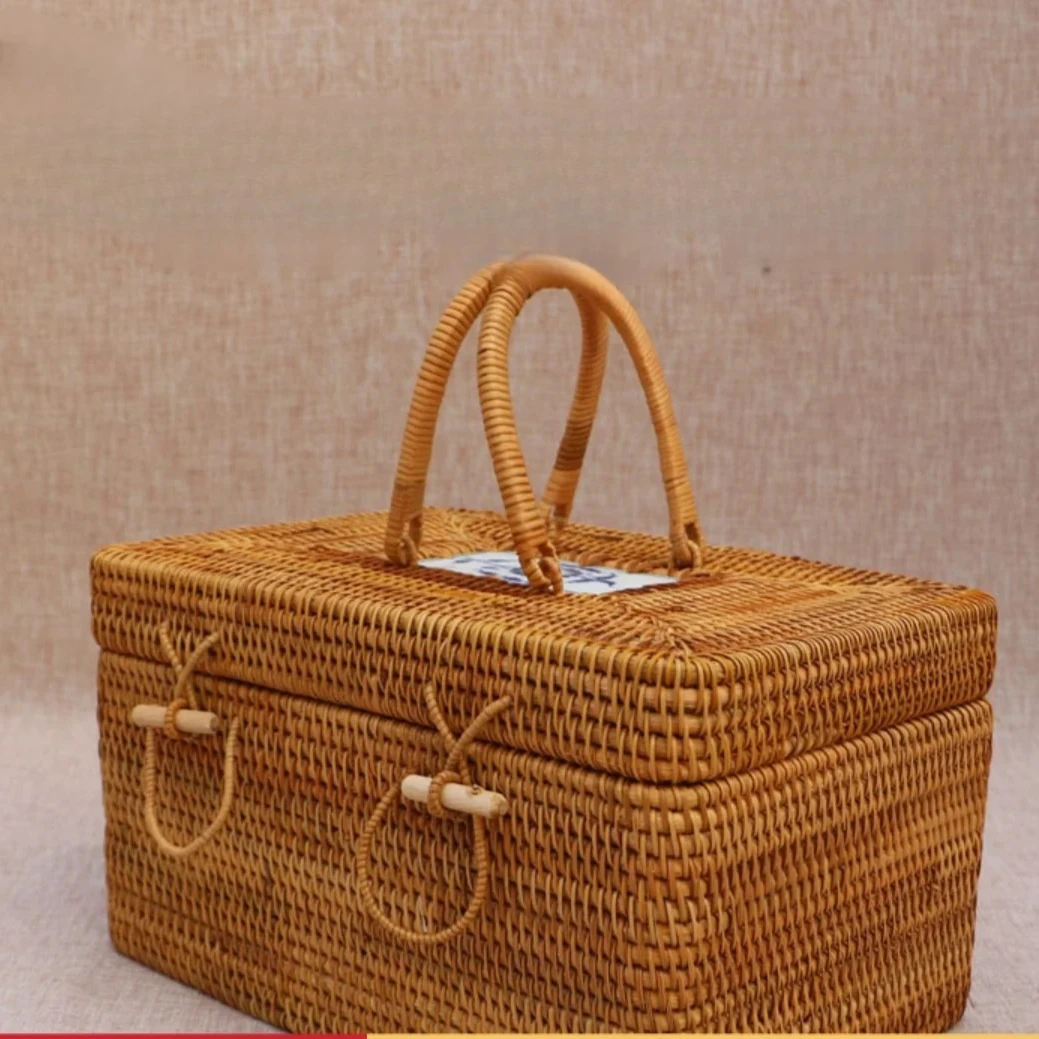 Autumn Rattan Handheld Pu'er Tea Storage Box Organizer Loose Tea Brick Holder Cake Box for Travel And Tea Ceremony Accessories