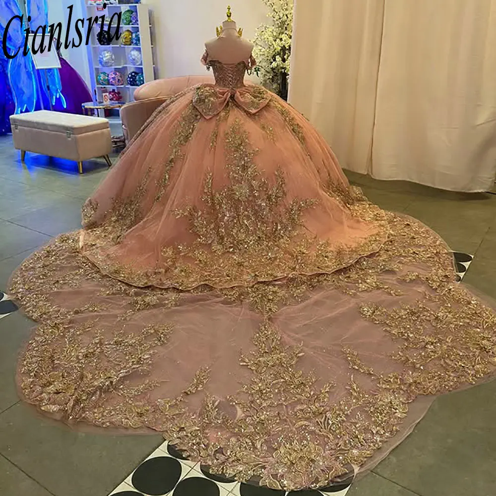 Roségold, schulterfrei, Schleife, Quinceanera-Kleider, Ballkleid, Goldapplikationen, Spitze, süßes 15. Oktober, mexikanisch, individuell gestaltet
