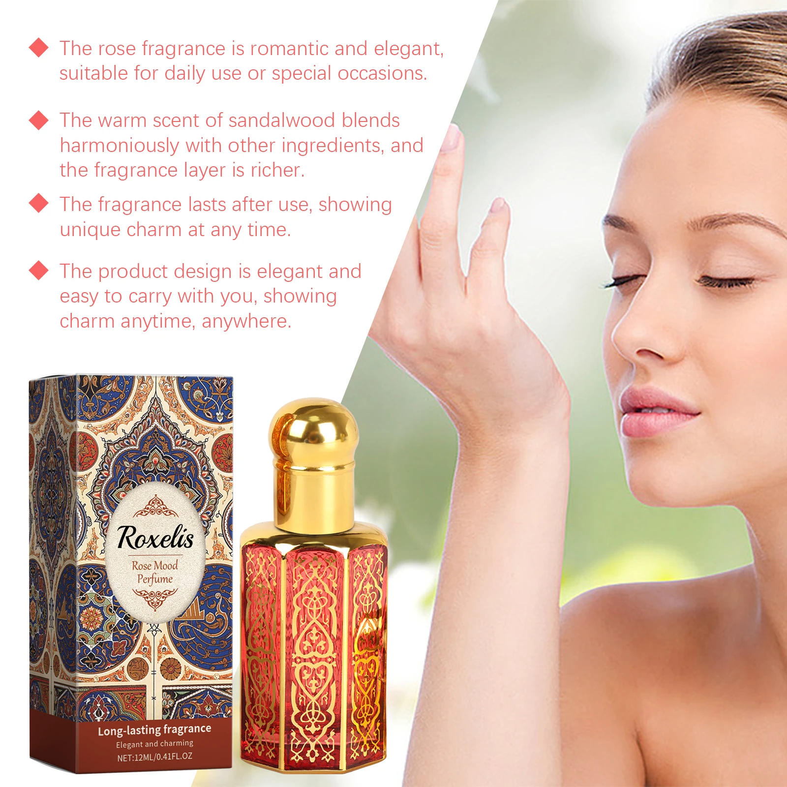 Roxelis 12ml Arabian Style Fragrance Rose Elegant Natural Fresh Light Fragrance Lasting Fragrance Portable Charm Fragrance