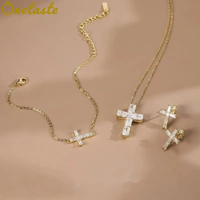 

925 Sterling Silver 14K Gold Plated Moissanite Cross Jewelry Set For Women Sparkling Pendant Necklace Bracelet Stud Earrings
