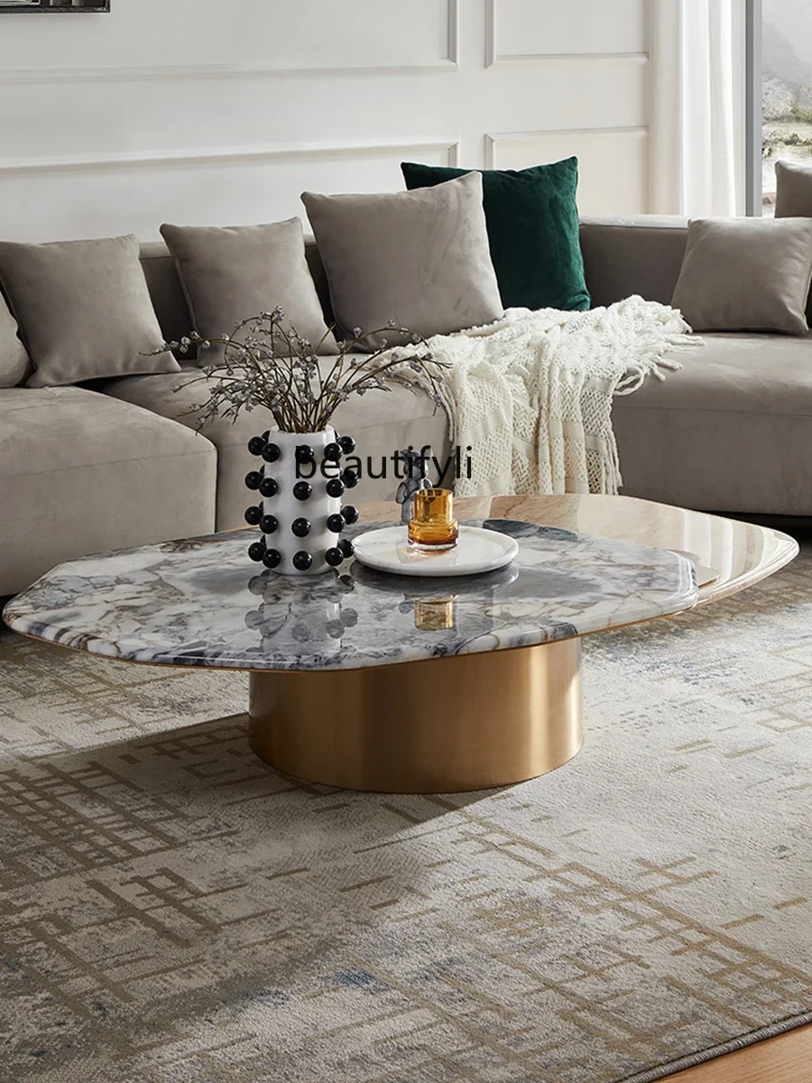 Light Luxury Tea Table Italian Natural Marble Stainless Steel Designer Model Simple High-End Tea Table Living Room Tea Table