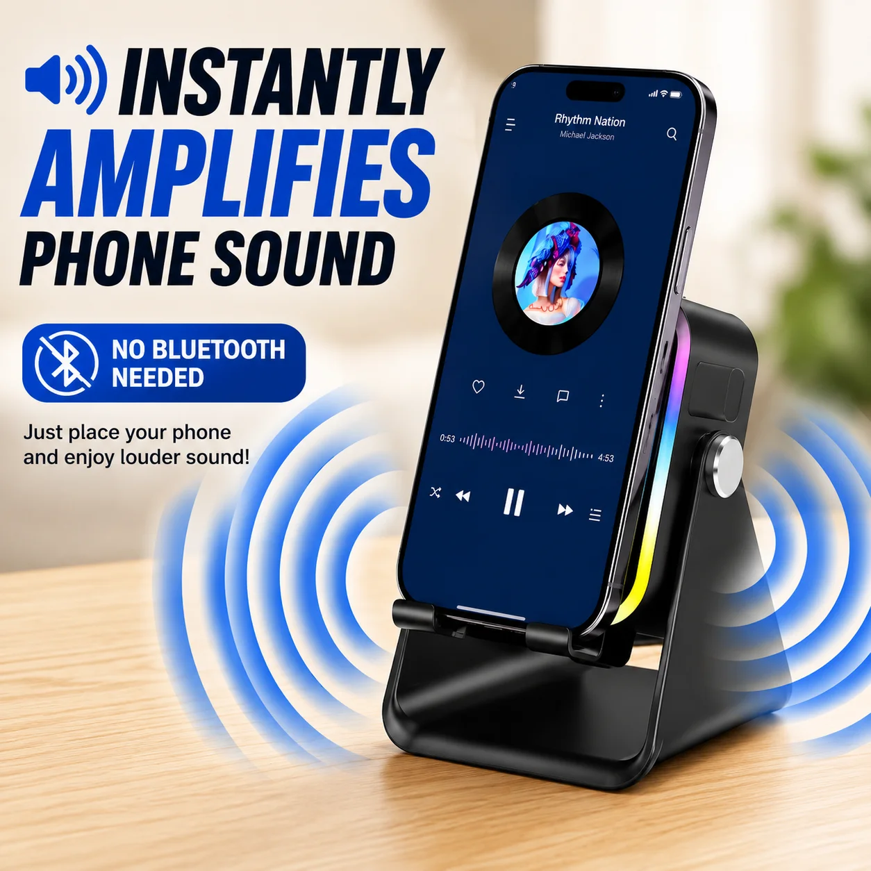 HOOWI Support Téléphone 5 en 1, Amplificateur de Son Sans Fil, Enceinte Bluetooth, Batterie Externe 5000mAh, Support Smartphone/Tablette 360° avec Lum