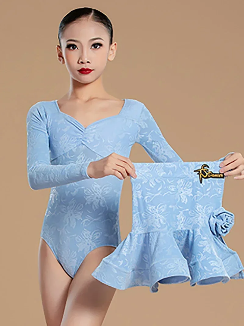 

Kids Girls Latin Dance Outfit Costume Autumn Winter Long Sleeve Bodysuit and Split Pants Trousers Competition Training Suit