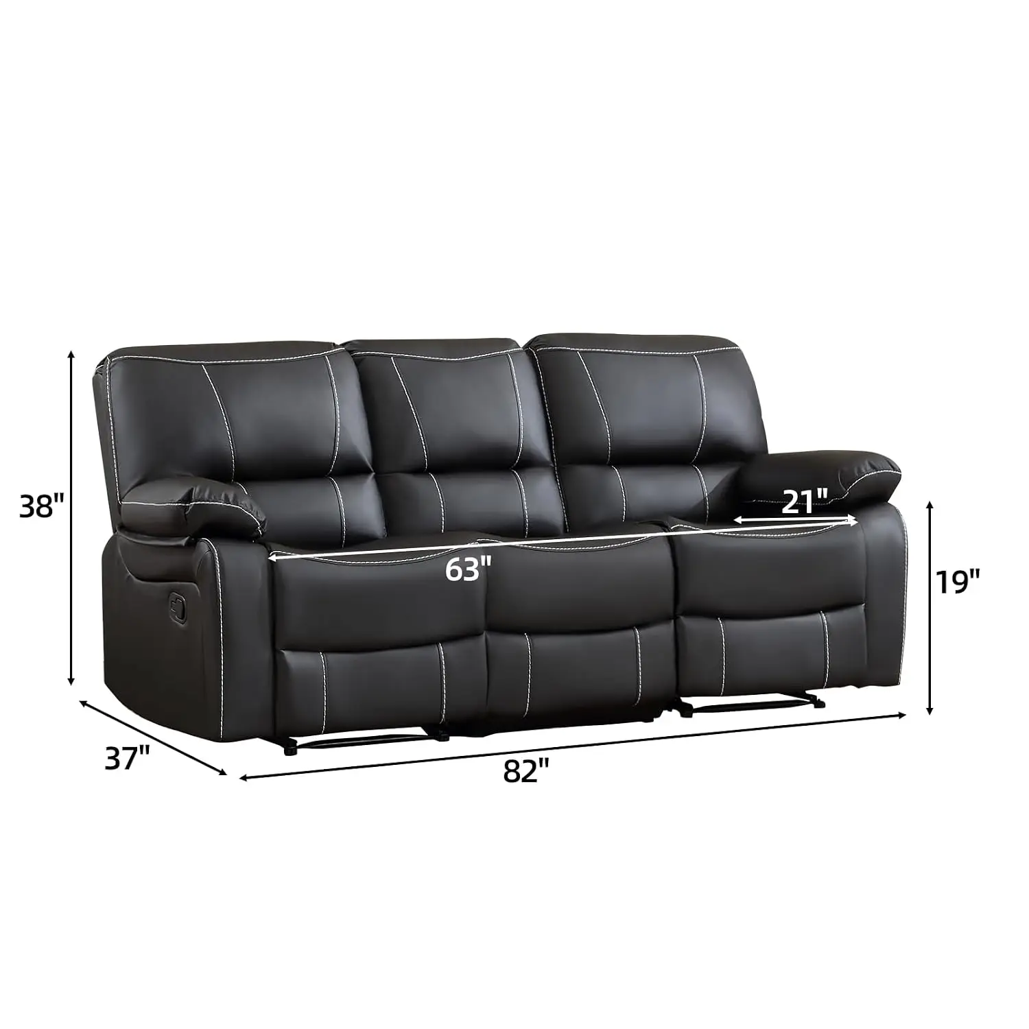 Faux Leather Manual Recliner Sofa, Overstuffed 3 Seat Double Reclining for Living Room Bedroom Office, Black, Customized