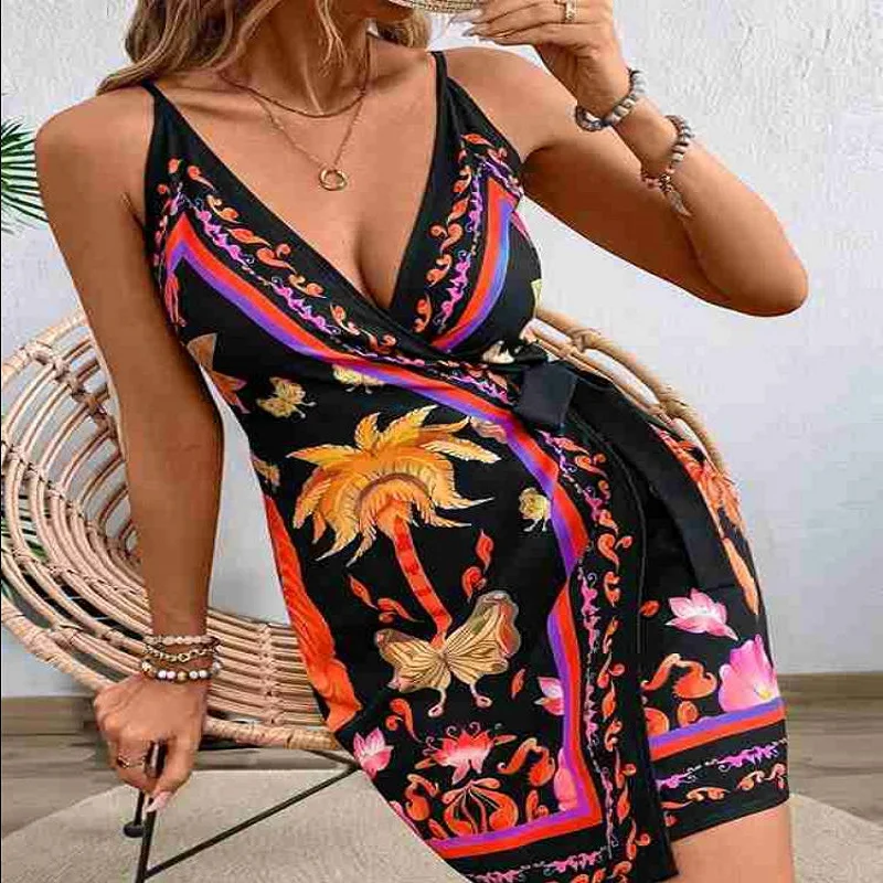 Women'S Sleeveless Wrap V Neck Tie Knot Boho Short Dresses