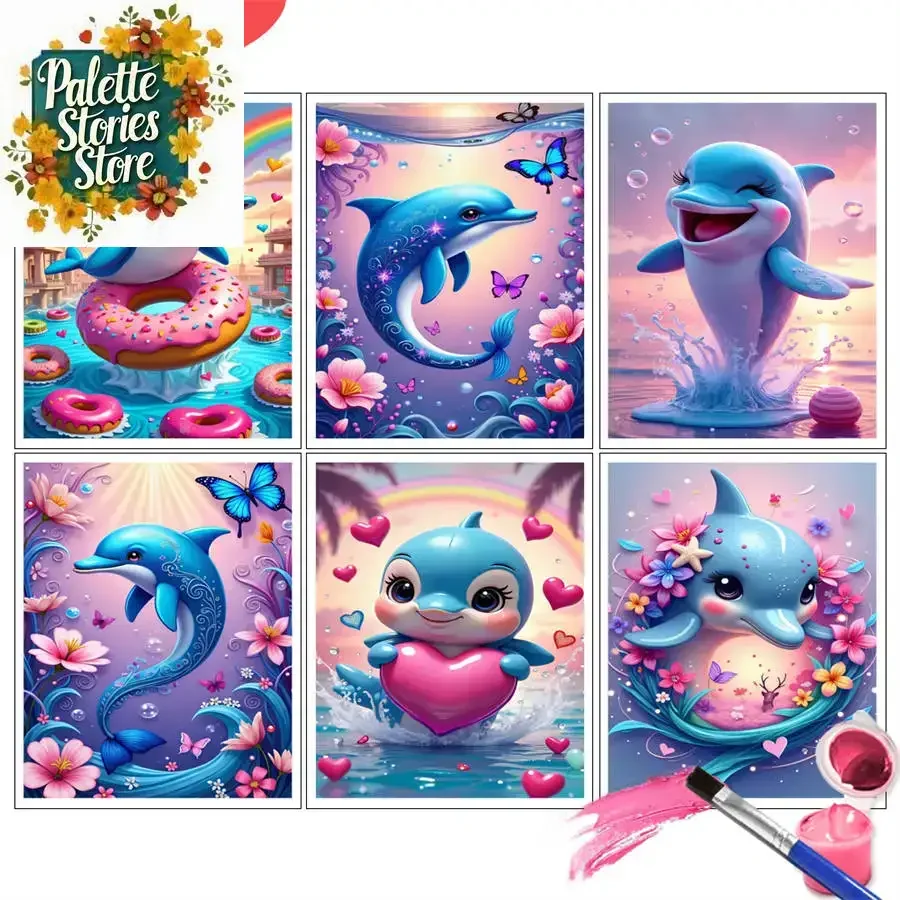 (Sin marco) Kits de pintura por números, delfín juguetón, Donut, flotador, pintura al óleo de dibujos animados, artesanía de animales, pintura a mano, decoración de pared