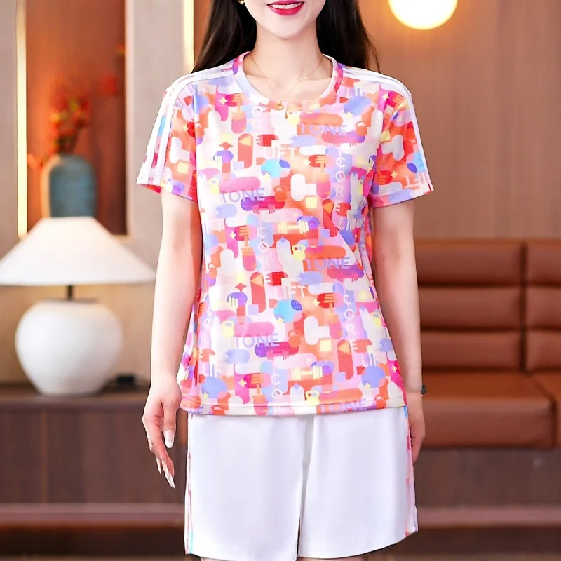 Qui Dry Sportswear Set for Women Summer 2025 Floral Print round Ne ort Sve orts Performance Square Dancing Casual ...