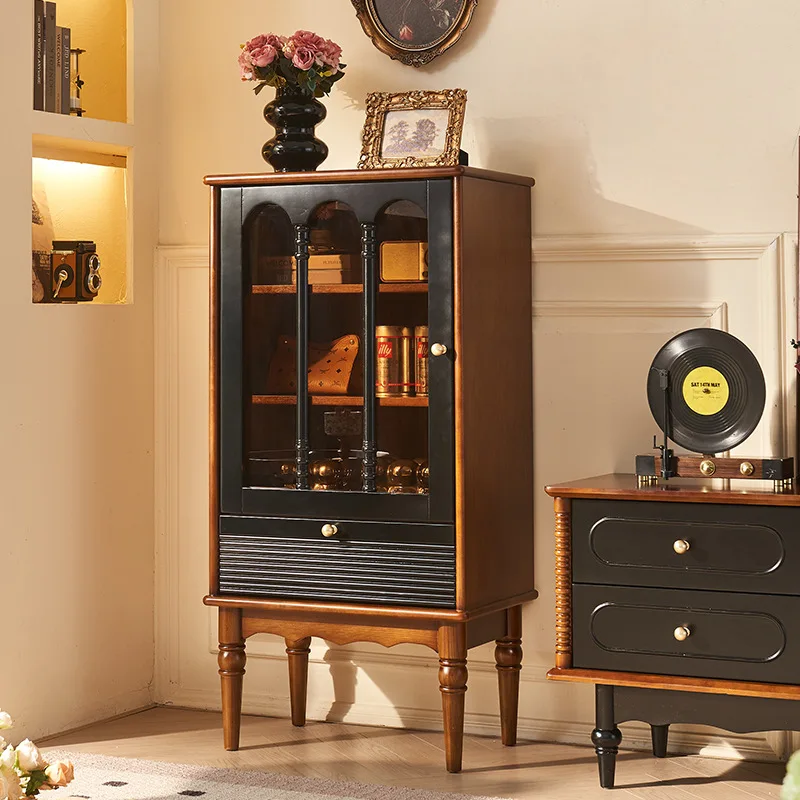

French retro solid wood wine cabinet household dining room three-layer storage display cabinet American living room TV cabinet