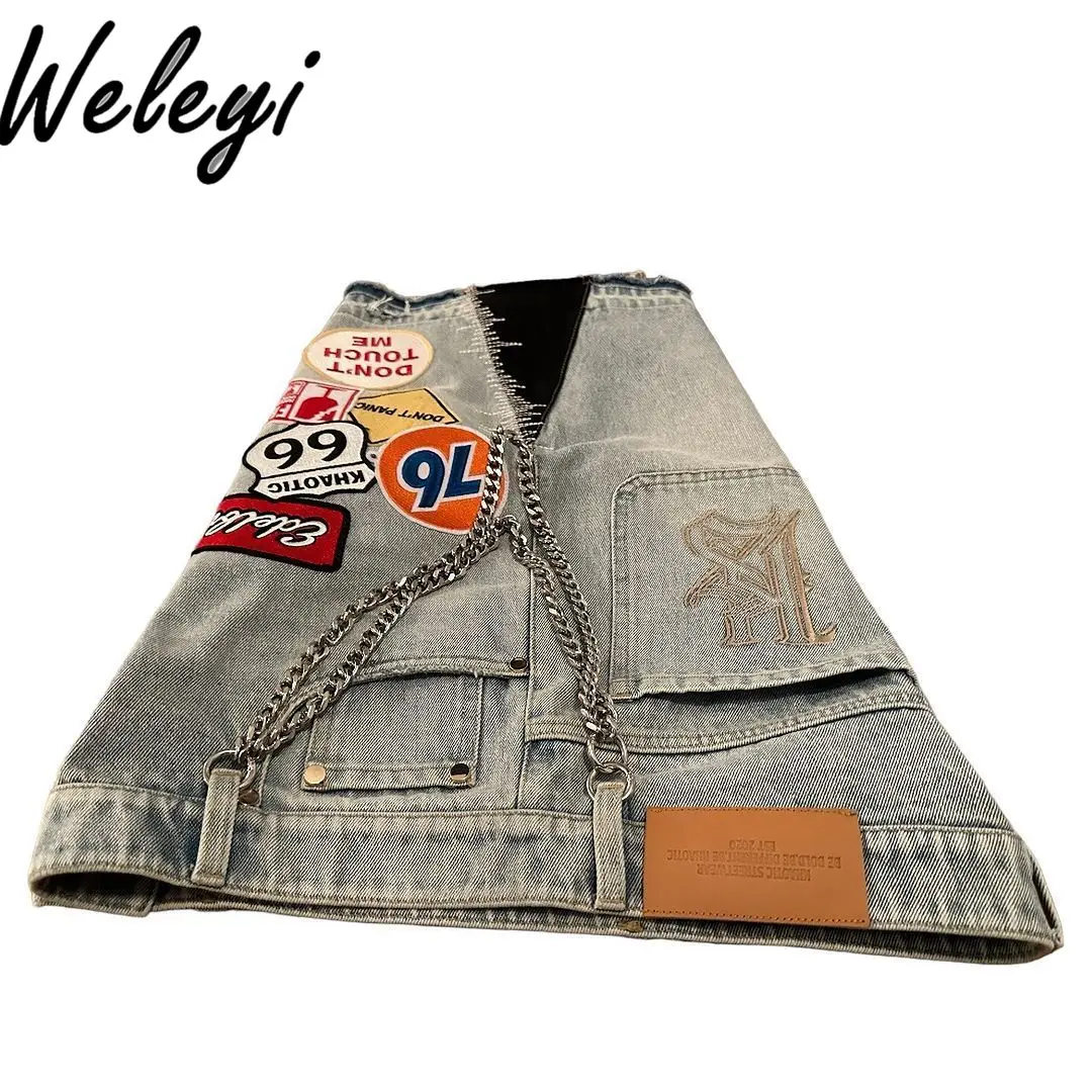 Goth Light Blue Cartoon Embroidered Patch Short Jeans for Men Women Y2k Punk Fashion Couple Loose Trend Straight Denim Shorts