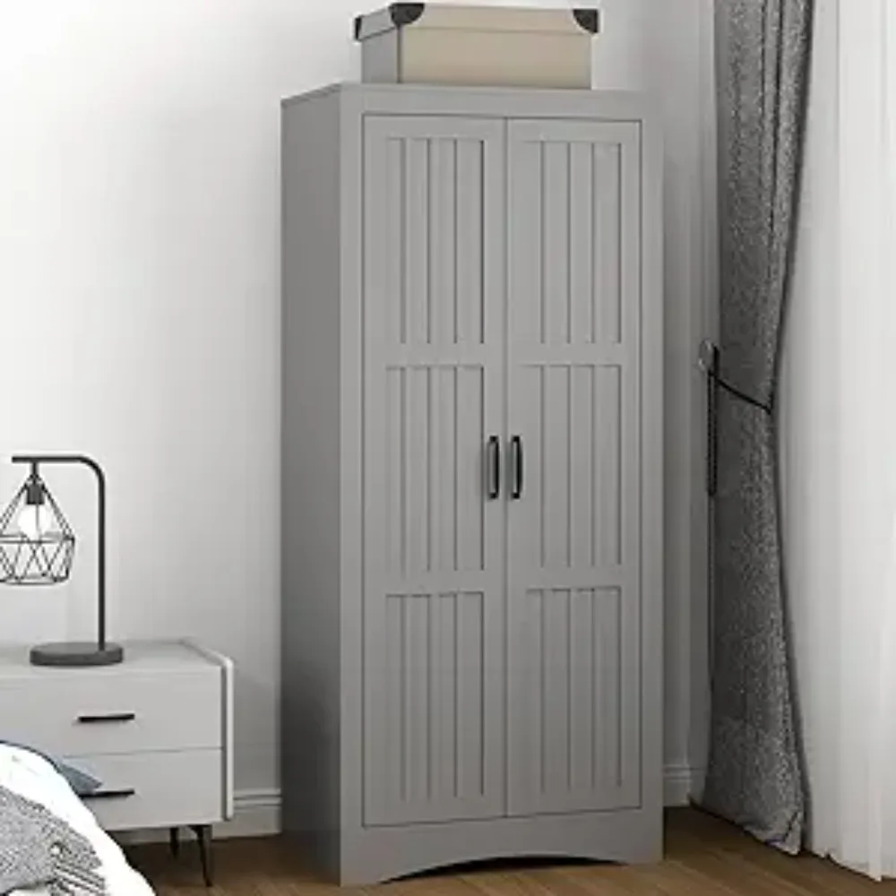 

2 modern independent wardrobes with shelves and metal hangers, grey wooden bedroom wardrobe for organizing clothes