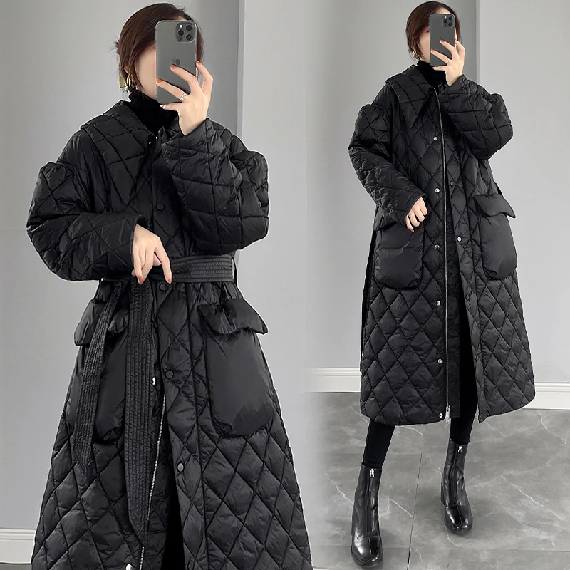 

Women's Black Long Down Jacket 2023 Winter Korean Fashion Temperament White duck down Coat With belt Female Warm Parkas Overcoat