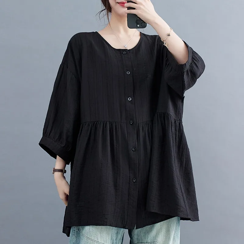 Women Casual Shirt New Arrival 2024 Summer Simple Style O-neck Solid Color Loose Comfortable Female Long Tops Shirts B3567