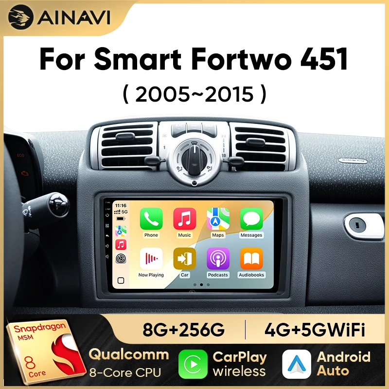 Ainavi Android Radio For Mercedes Benz Smart Fortwo 451 2005 - 2015 Wireless Android Auto Carplay Car Multimedia Player 4G 2 Din