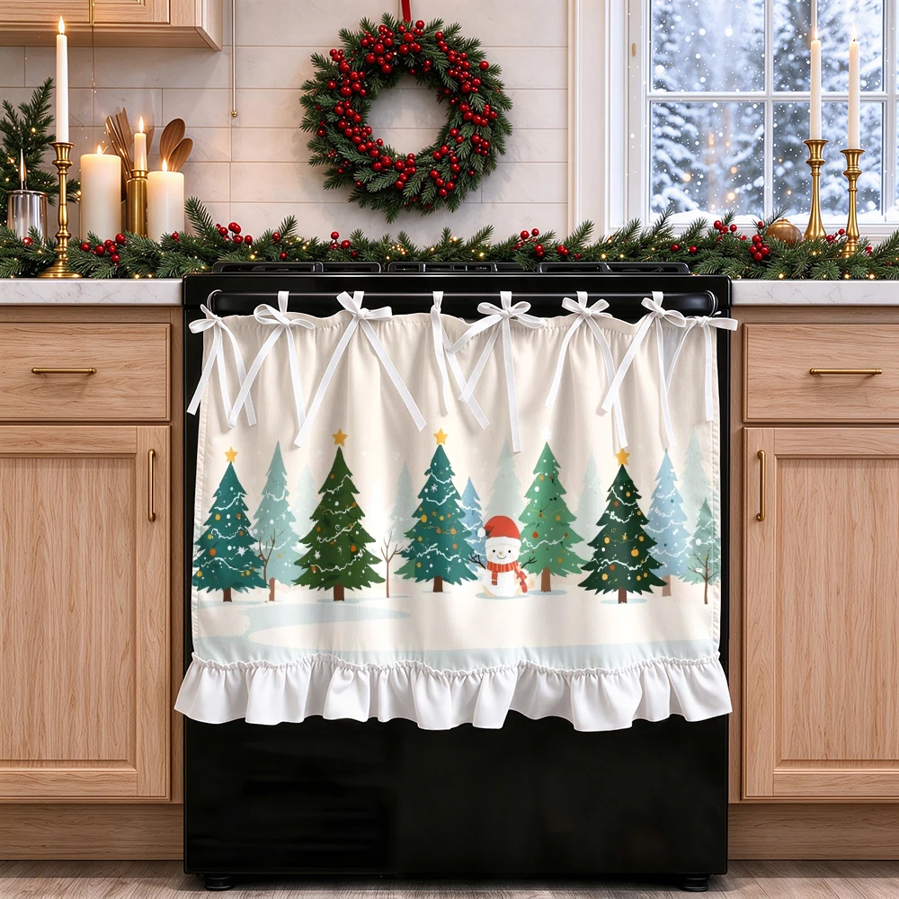 1PC Christmas Tie Up Kitchen Curtain, Snowy Forest Christmas Trees Cute Snowman, Digital Print, Kitchen Dining Room, Home Decor