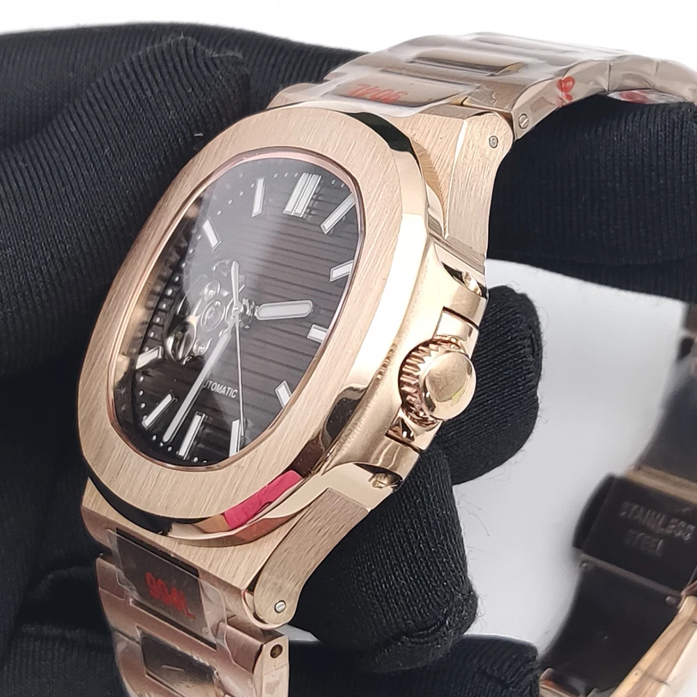 PARNSRPE 40mm Luxury Men's Wristwatch Rose Gold Square Round Mechanical Watch Sapphire Glass Mirror Hollow Effect NH38 Automatic