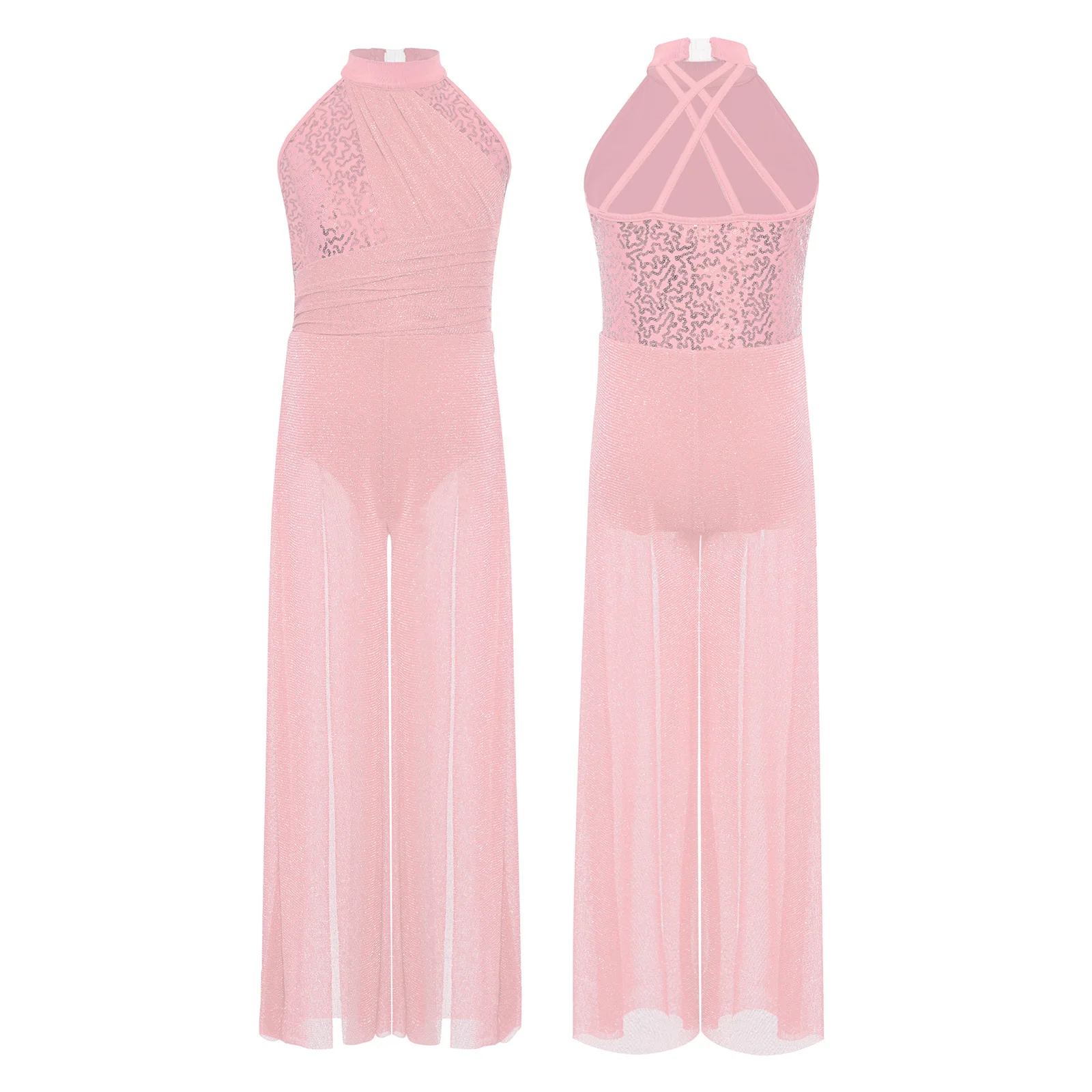 Kids Girls Lyrical Crisscross Back Jumpsuit Sleeveless Mock Neck Shiny Sequins Shimmery Mesh Split Wide-Leg Dance Bodysuit