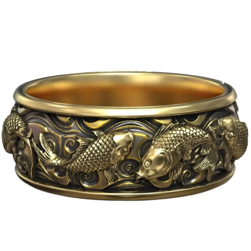 

10.5g Carp Koi Fish Japanese Traditional Ornament Band Gold Ring Customized 925 Solid Sterling Silver Ring Many Sizes 7-13