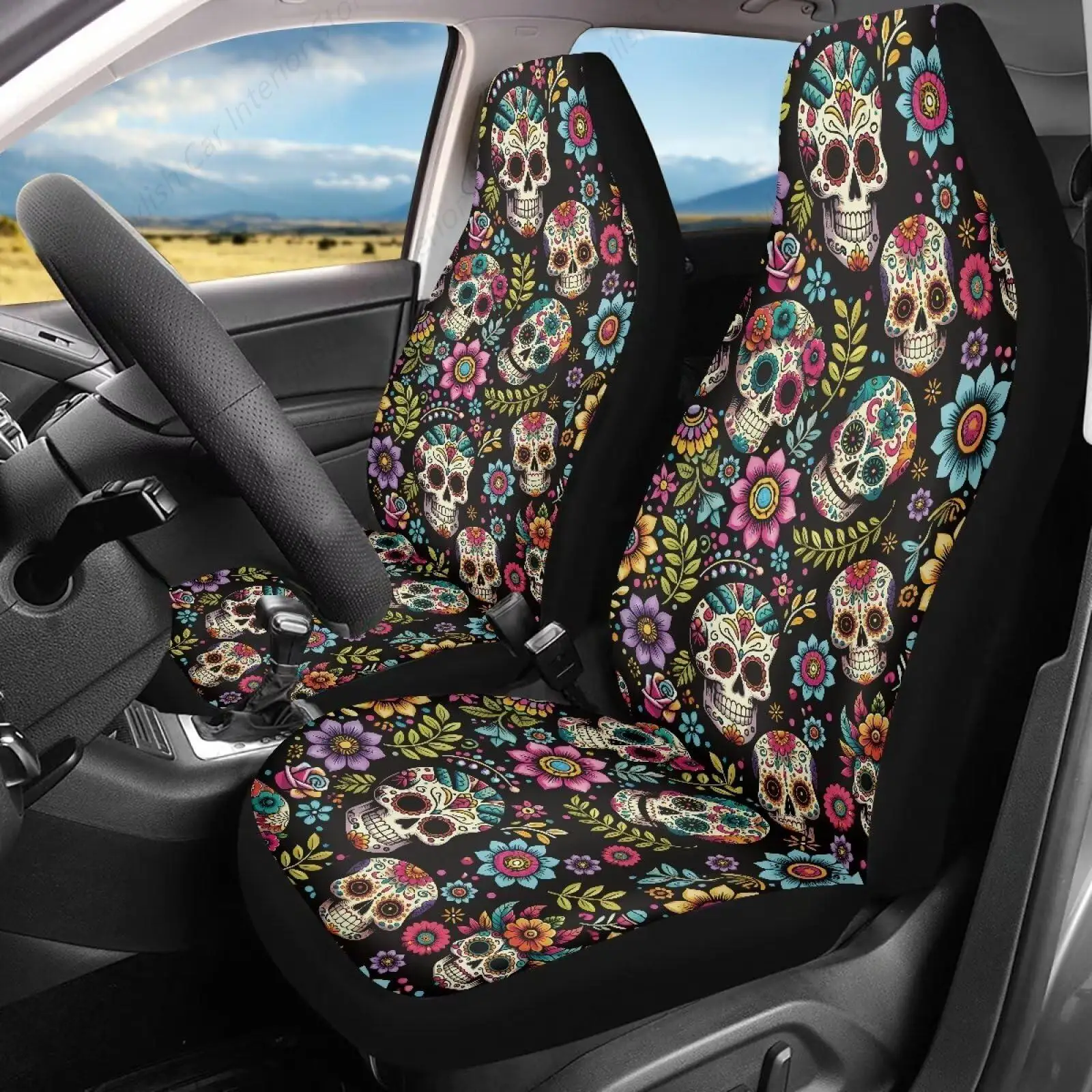 

Skull Car Seat Covers for Sedan SUV Truck Boho Hippie Floral Auto Seat Covers Front Seats Universal Vehicle Seats Cover