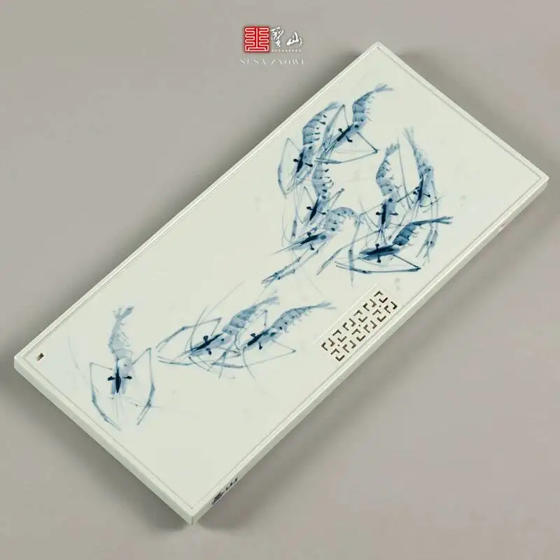 Holy Mountain Jingdezhen Antique-Style Blue White Chinese Painting Freehand Shrimp-Themed Ceramic Tray Handmade Set Dual-Use For