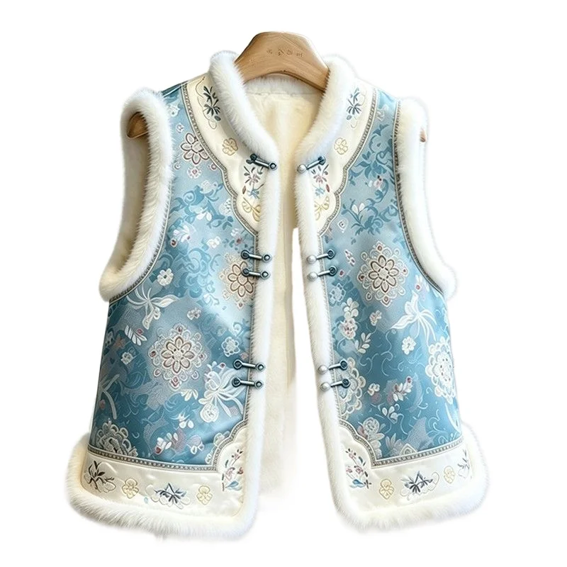 Year of The Horse New Retro National Style New Chinese Coat Women's Velvet Warm Fashion Foreign Versatile Rabbit Fur Collar Vest