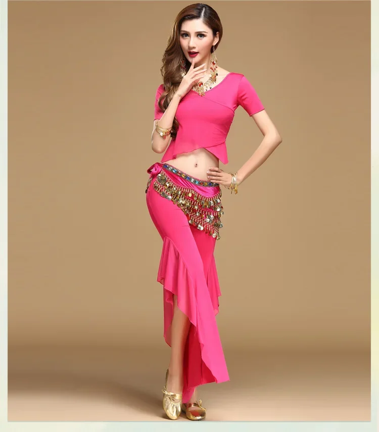 Quality Belly Dance Costume Bellydance Pratice Clothing Indian Set Gauze Cloth Pants Color Block Set 8 Colors Top&Pants&Belt