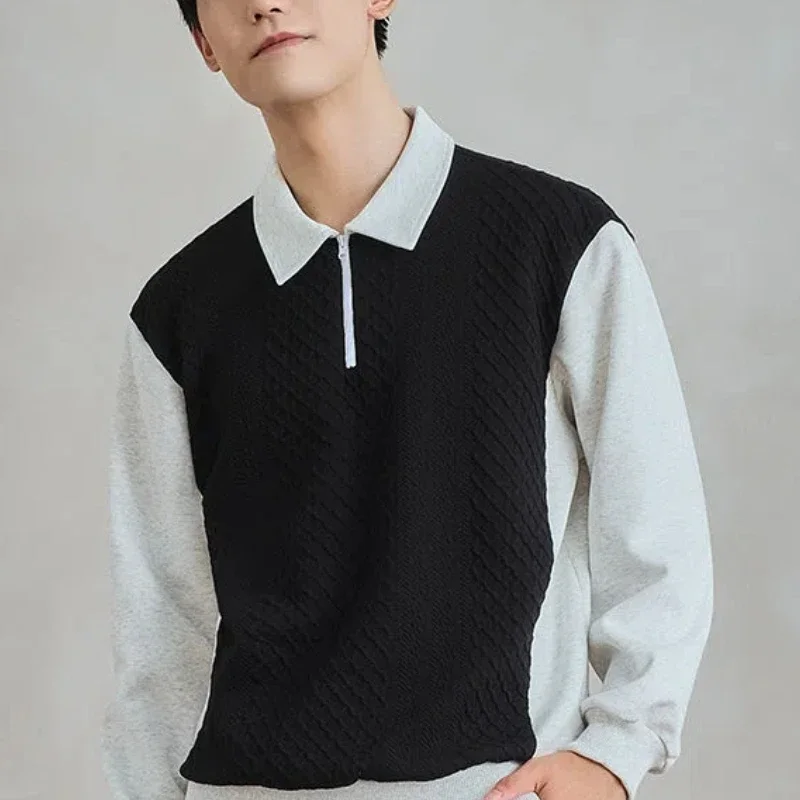 

Trend Fashion Men Polo Shirts Spring Autumn New Lapel Half Zipper Fake Two Pieces Contrast Color Korean Casual Long Sleeve Tops