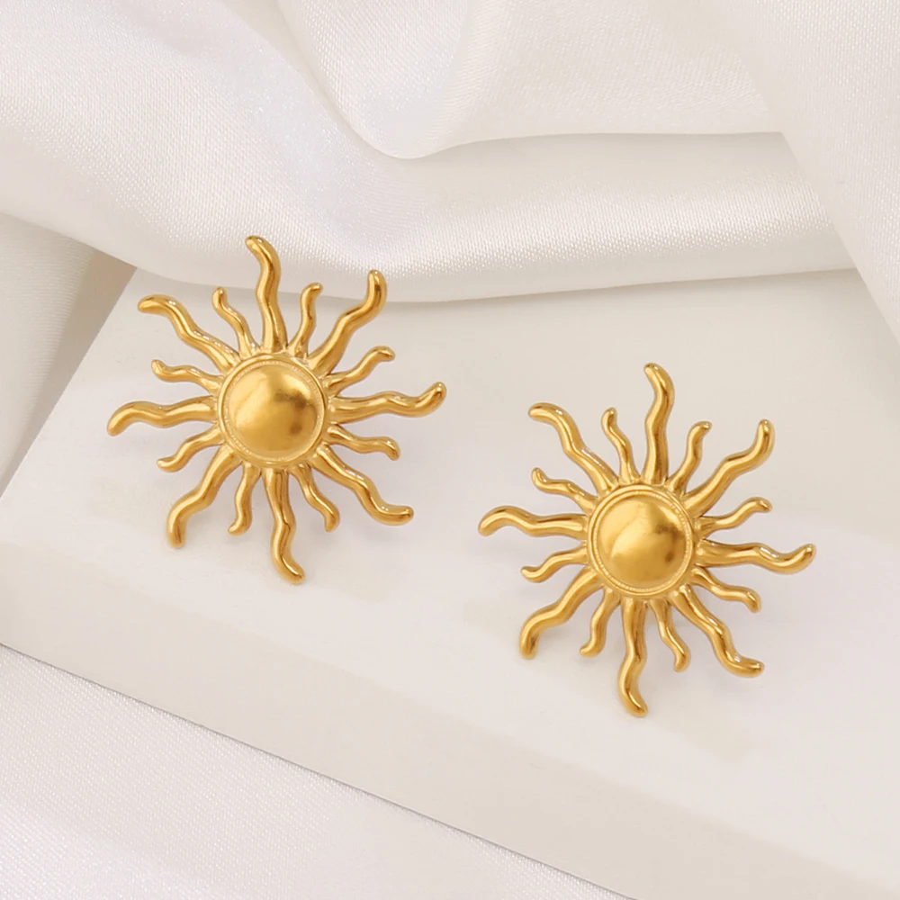 1pair Stainless Steel Sun Pendant Stud Earrings For Women Fashion 18K Gold Plated Irregular Sun Earring Jewelry