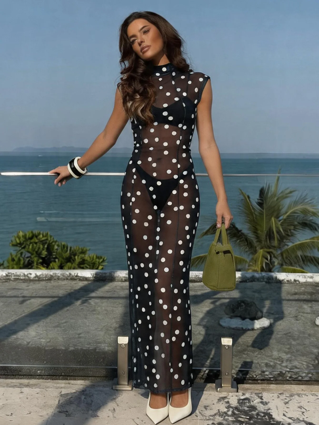 Sexy Polka Dot Long Dress for Women Transparent Turtleneck Slit Maxi Curvy Dresses Evening Party Black New Club Holiday Vacation view 2