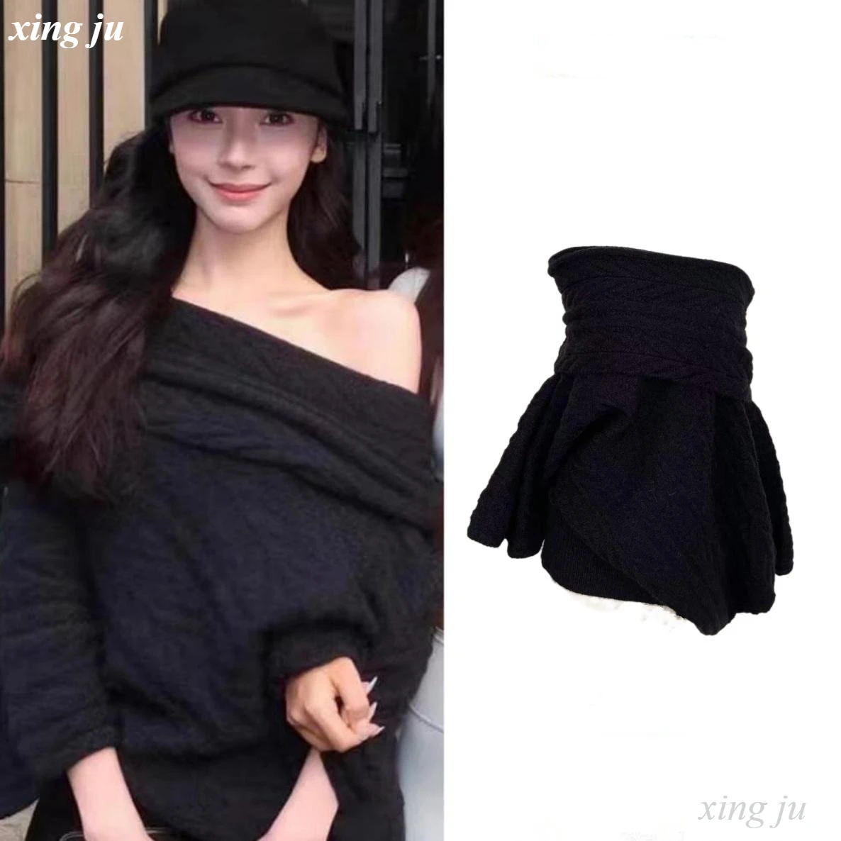 

Женский сексуальный черный нерегулярный вязаный свитер без бретелек для певицы Kpop, одежда для выступлений на сцене, одежда для ночного клуба, диджея, горячий джазовый костюм для девочек