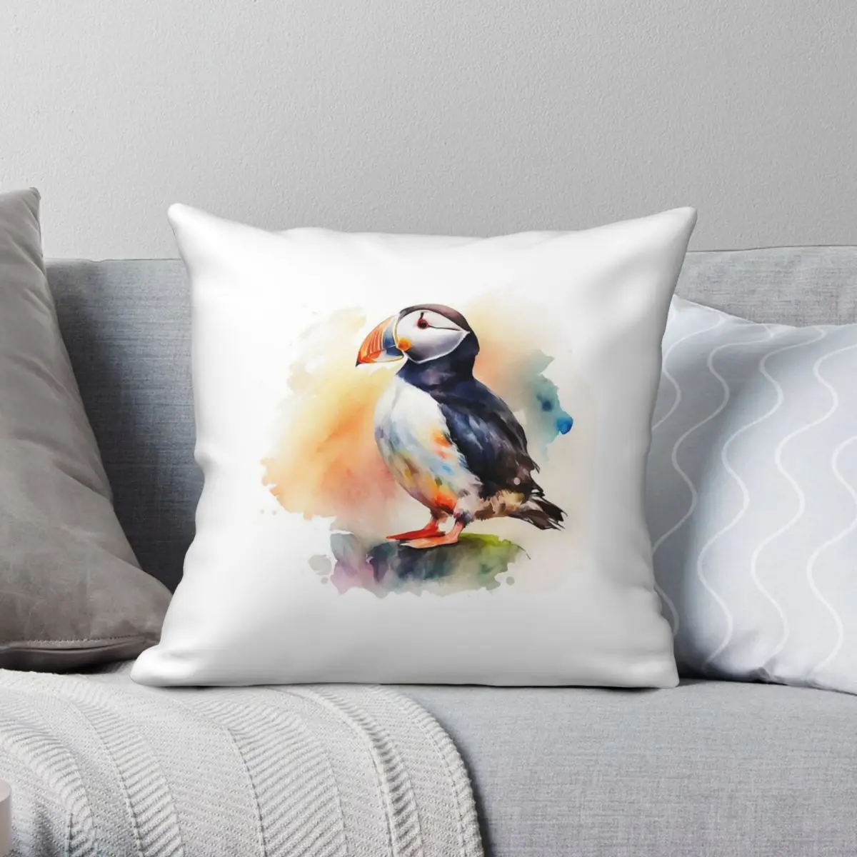 Atlantic Puffin Watercolor Pillowcase Polyester Linen Velvet Printed Zip Decorative Throw Pillow Case Room Cushion Cover