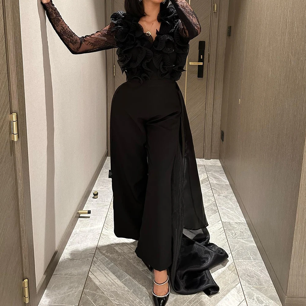 

Customized Fashion Jersey Straight Ruffles And Lace Evening Dress V-Neck Long Sleeves Panel Train Black Bespoke Occasi