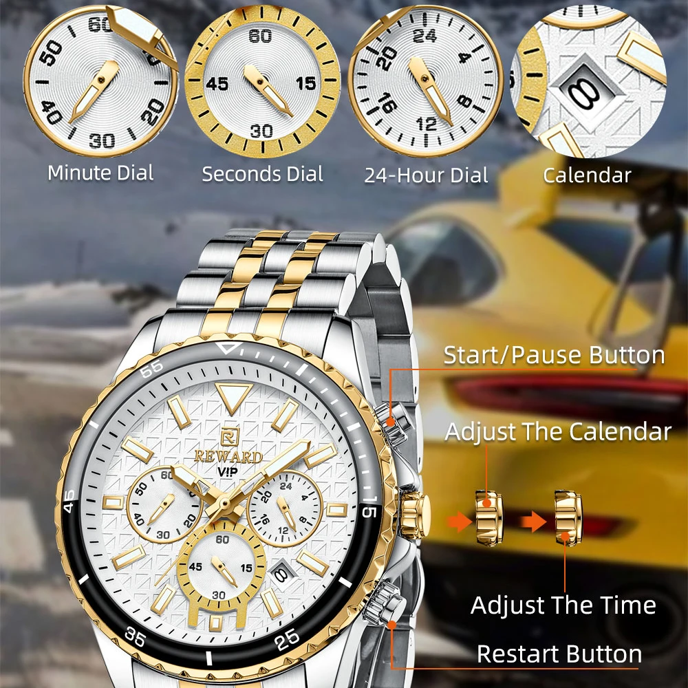 REWARD New Quartz Men\'s Watches Stainless Steel Luxury Brand Waterproof Wrist Watch for Men Luminous Calendar Watch Male