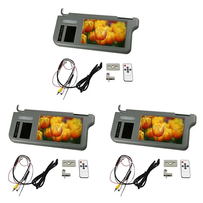3Pcs 7Inch Gray Car Left Sun Visor Rear View Mirror Screen LCD Monitor 2 Channel Video-A08Q