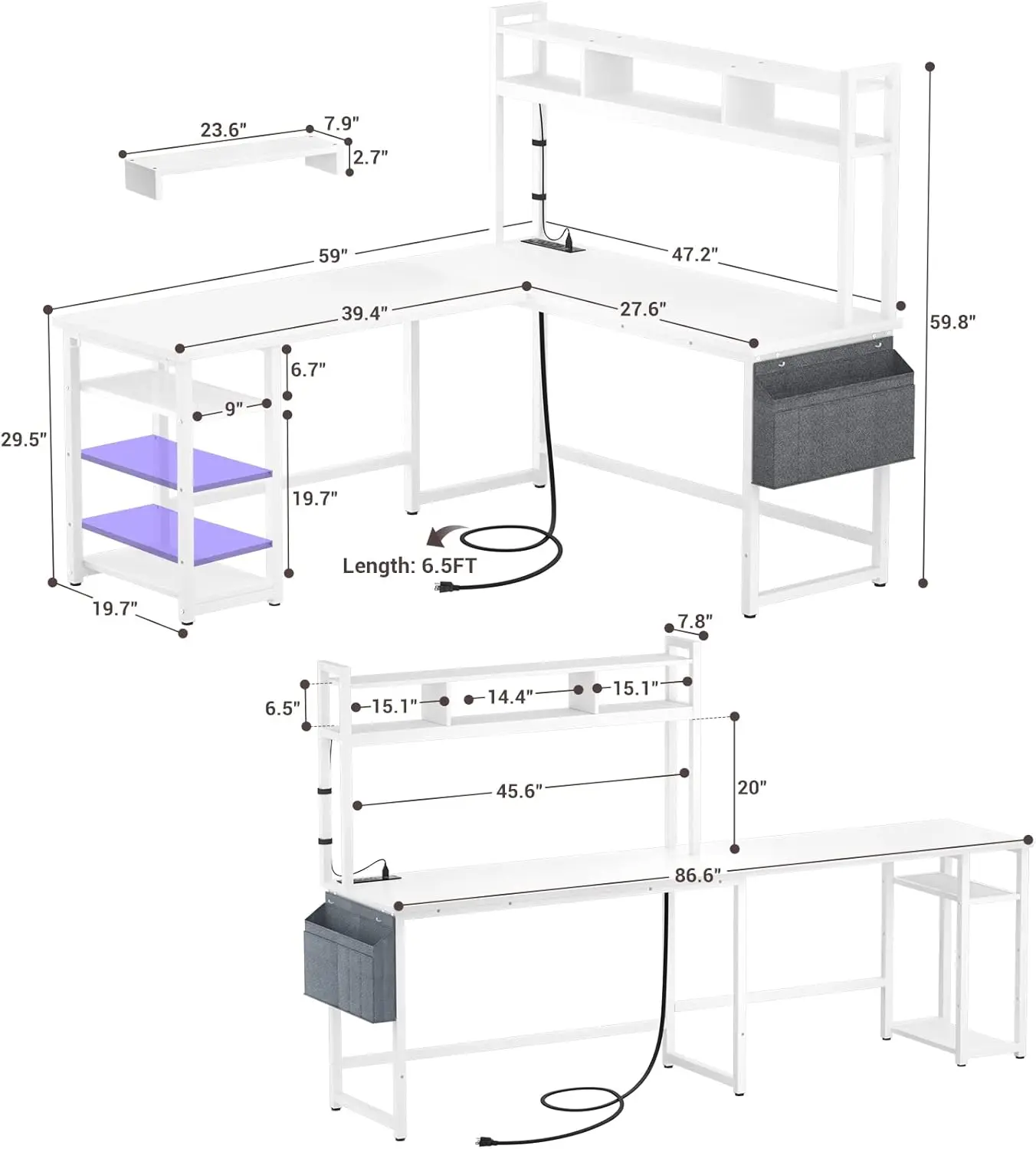 L Shaped Desk with Power Outlet & LED Strip, Reversible L-Shaped Corner Computer Desks Gaming Desk with Storage Shelf & Monitor