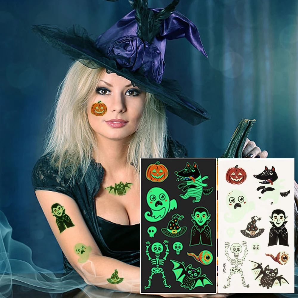 Autocollants de Tatouage Fluorescents pour Halloween, Brcorporelle, Temporaire, Brcorporelle, Bras, Visage, Corps, Musique, ix, Bar de Nuit, Boîte de Nuit, Maquillage