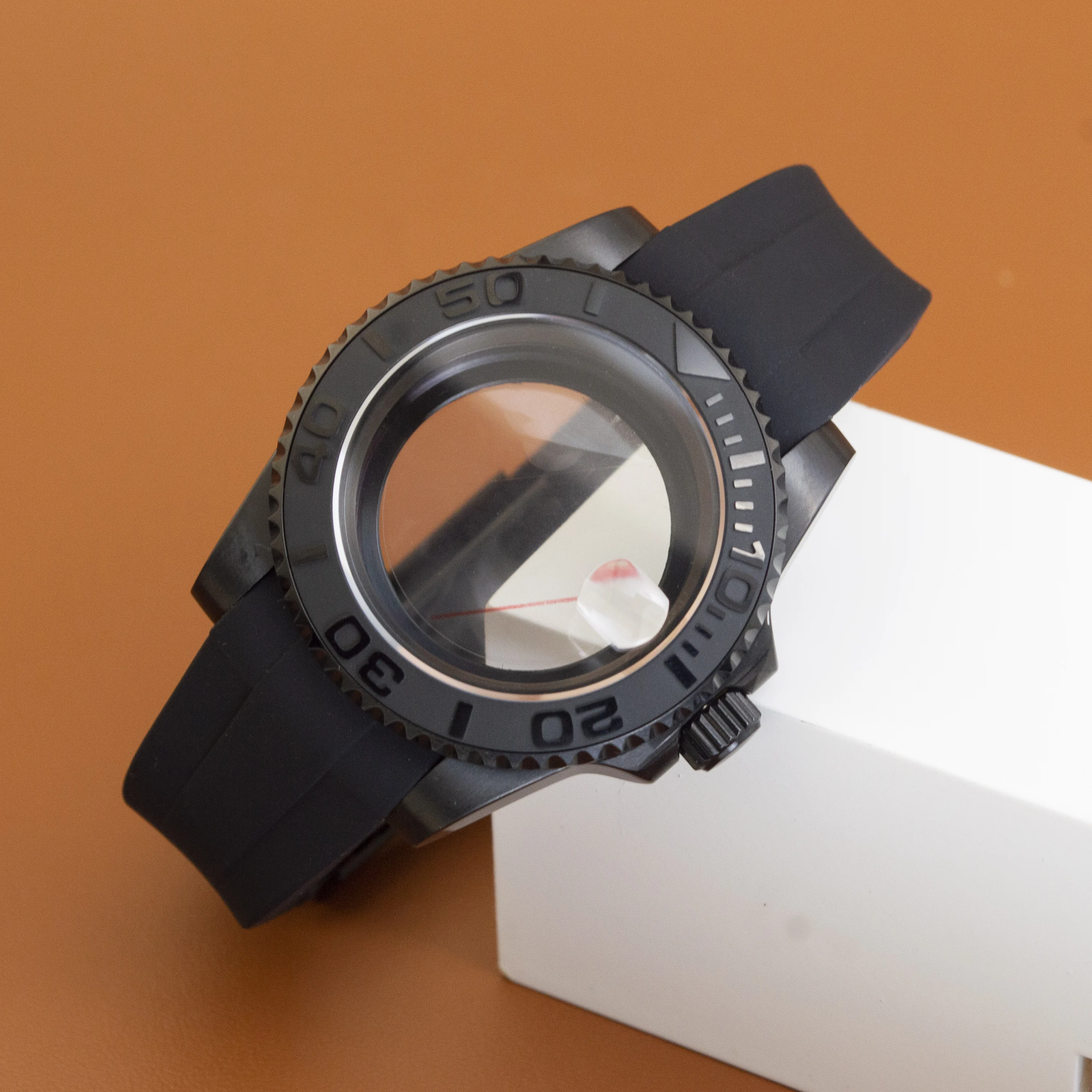 

40mm NH35 Case PVD Black Sapphire Glass for Yacht-Master Mod NH34 NH35 NH36 Movmenent Rubber Strap 10Bar Waterproof 28.5mm Dial