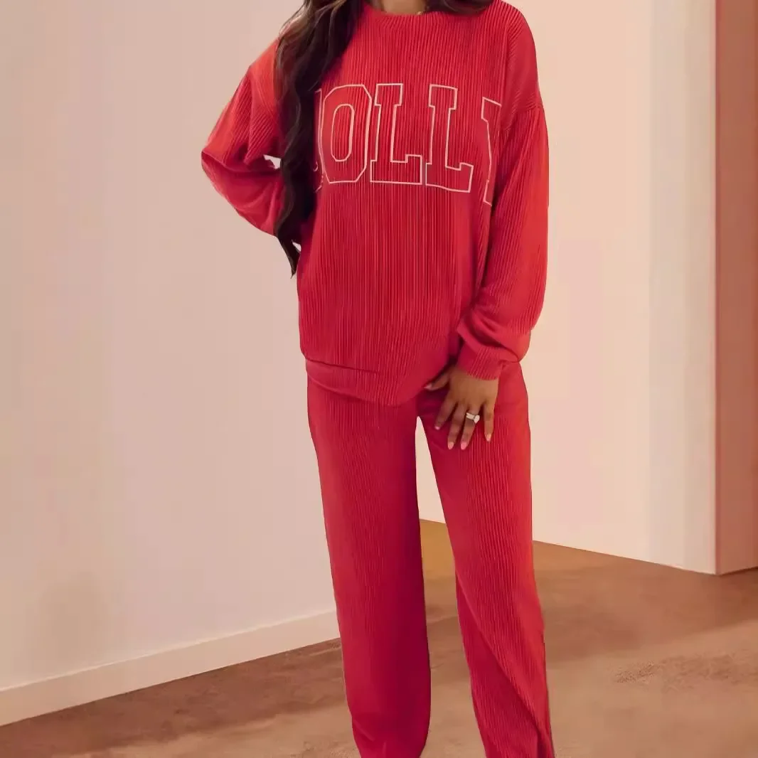 2026 Christmas Sale Women Pajamas Set Loungewear Ribbed Long Sleeve Top and Pants with Pockets Lounge Sweatsuit Set Red Green