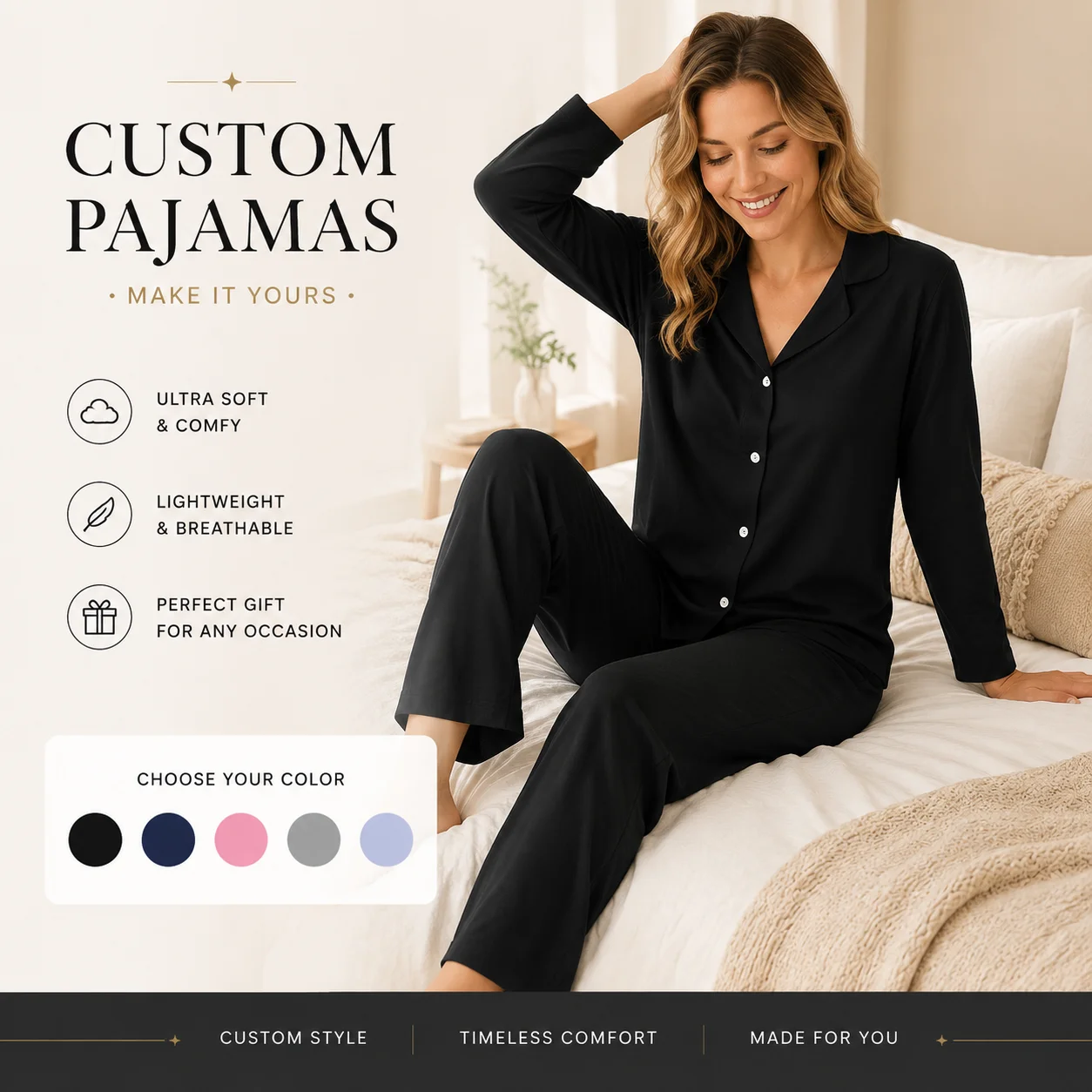 Custom Women Long Pajamas Set Personalized 2 Piece Sleepwear Long Sleeve Top and Pants Loungewear