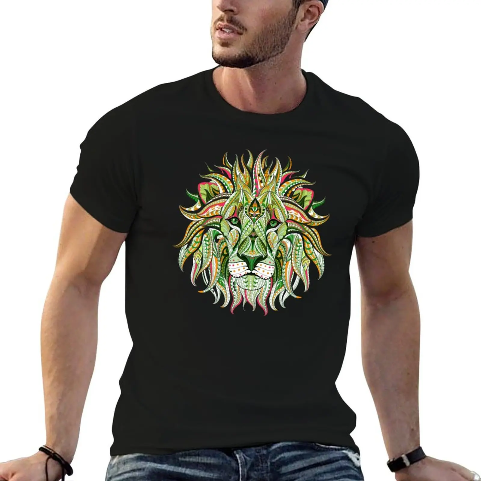 lion green mandala lines red yoga india king jungle lion T-Shirt vintage graphic tee tops oversized t shirts for men