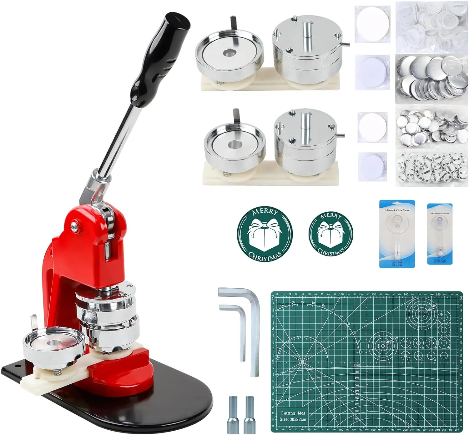

Button Maker Machine 1.25+2.25 Inch (32+58mm), DIY Pin Press Kit with 200 Parts, Circle Cutter & Cutting Mat
