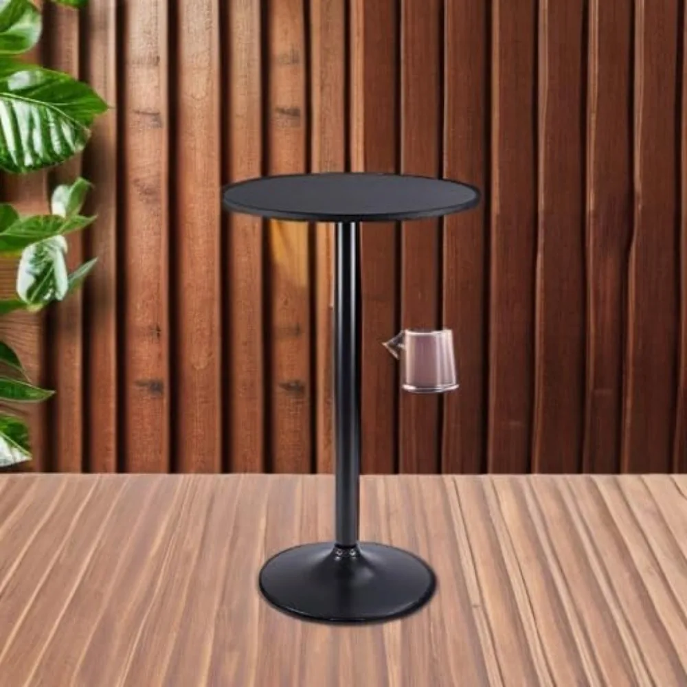 Bistro Pub Table Round Bar Height Cocktail Table Metal Base MDF Top Obsidian Table with Black Leg 23.8-Inch Top