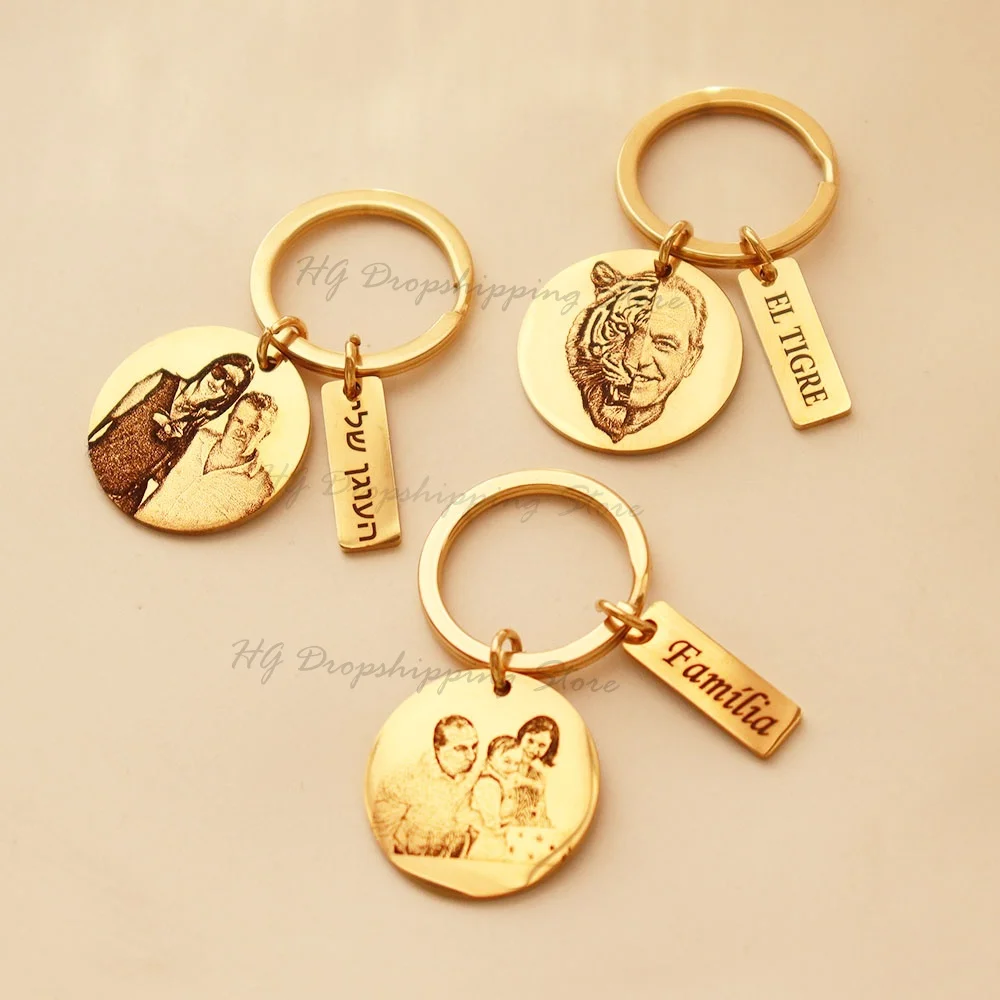 Laser Engraved Custom Photo Keychain Stainless Steel Round-Shaped Personalized Portrait Key Ring Unique Mother's Day Family Gift
