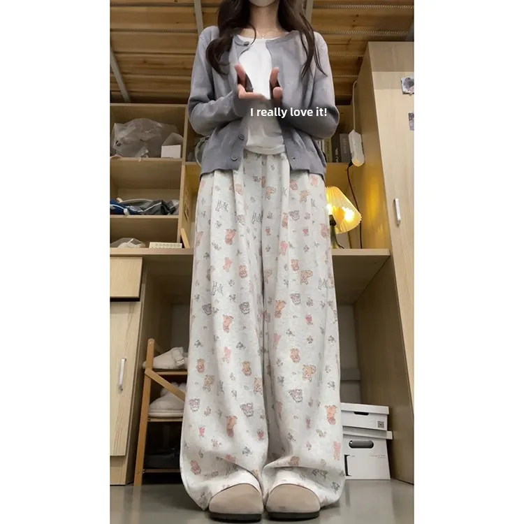 กางเกงขายาวทรงตรงเอวสูงลายการ์ตูนน้องหมาน่ารัก กางเกงลำลองผู้หญิง สไตล์เกาหลี ใหม่ล่าสุดสำหรับฤดูใบไม้ผลิและฤดูร้อน เอวยืดหยุ่น