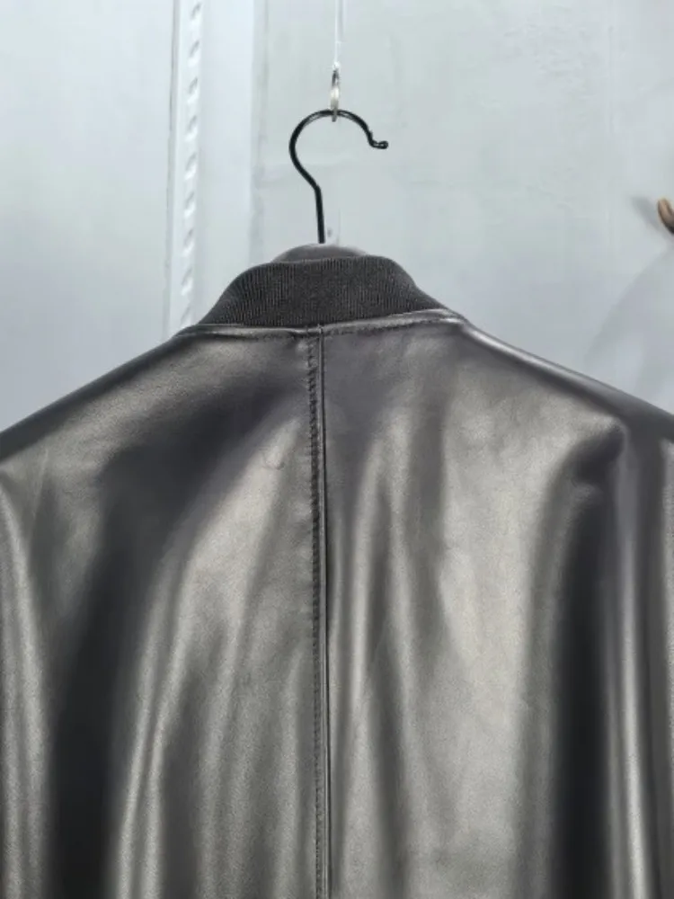 Office Ladies Genuine Leather Mixed Color Zipper Short Jacket Loose Sheepskin Long Sleeves Pocket Elastic Waist Top Quality Coat