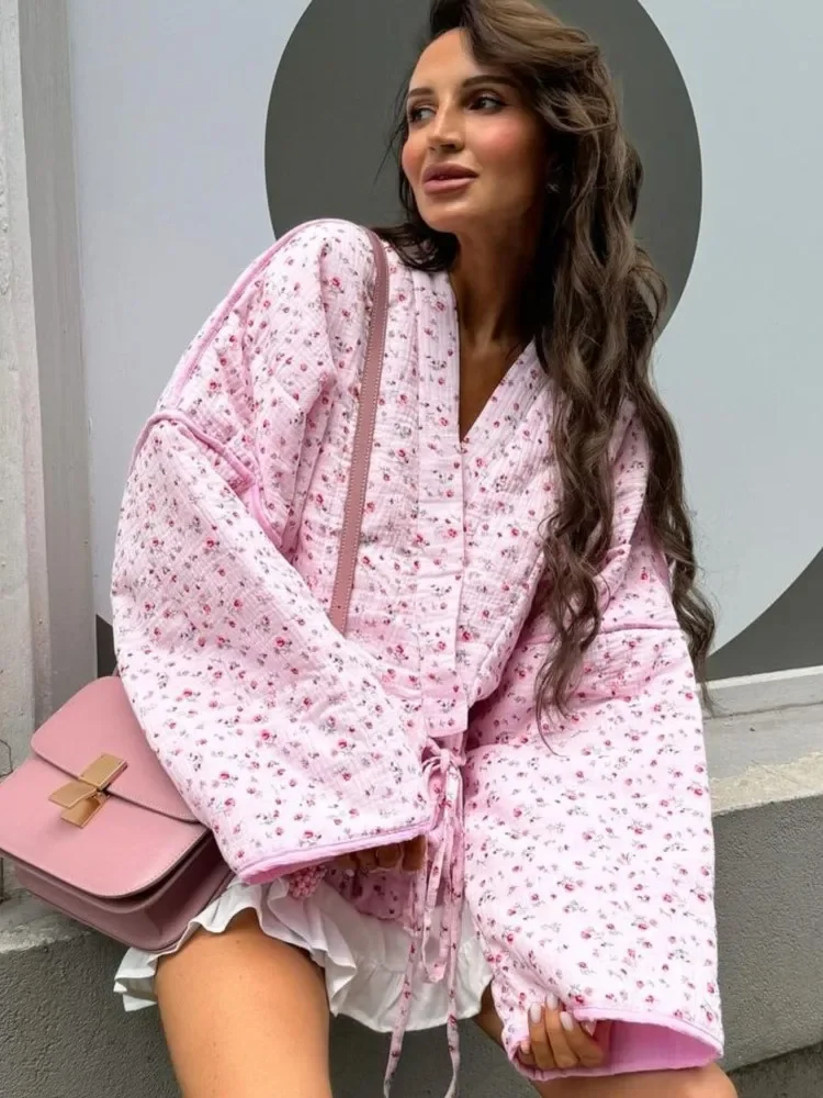 الأزهار المطبوعة المرأة سترة لطيف الدانتيل يصل الوردي المرأة معطف عادية فضفاض الخريف المعاطف الدافئة موضة جديدة السيدات معاطف ملابس خارجية